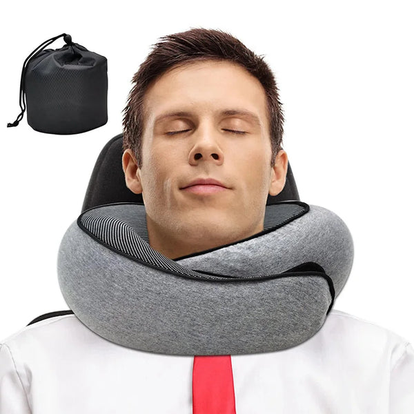 Travesseiro de pescoço para viagem, espuma de memória, formato de u, estilo caracol, suporte para pescoço, portátil, ajustável, macio, descanso de meio-dia, travesseiros para dormir